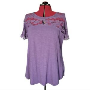 Suzanne Betro Lavender Purple Short Sleeve Crinkle Cotton Top Lace Detail sz 1X